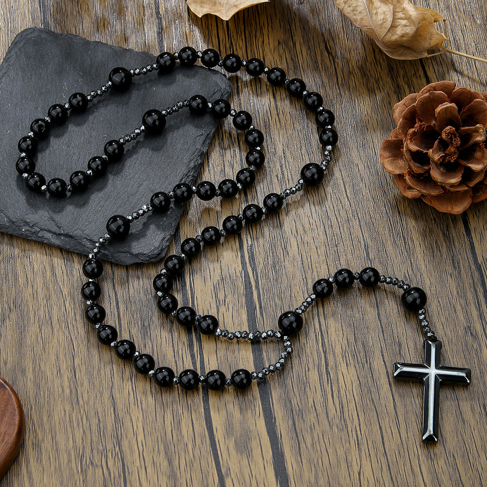 Wholesale Black gallstone yellow tiger eye iron stone cross necklace for men